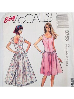 80s McCalls 3753 Sz 6-12 Princess Seam Drop Waist Dress & Petticoat Pattern FF